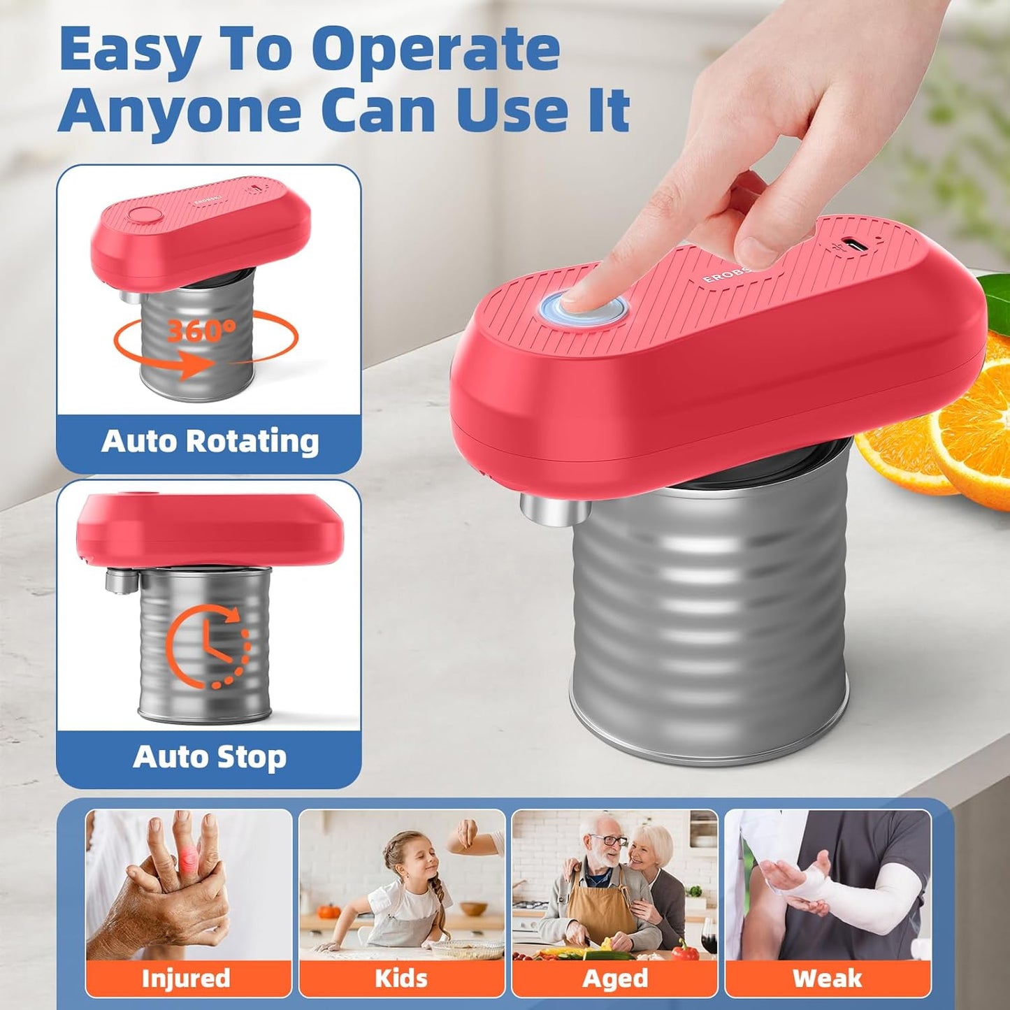 Electric Can Opener, Rechargeable Can Openers for Seniors & Arthritis, One-Touch Automatic Can Opener, Hands-Free, Smooth Edge, Compact, Kitchen Gadgets