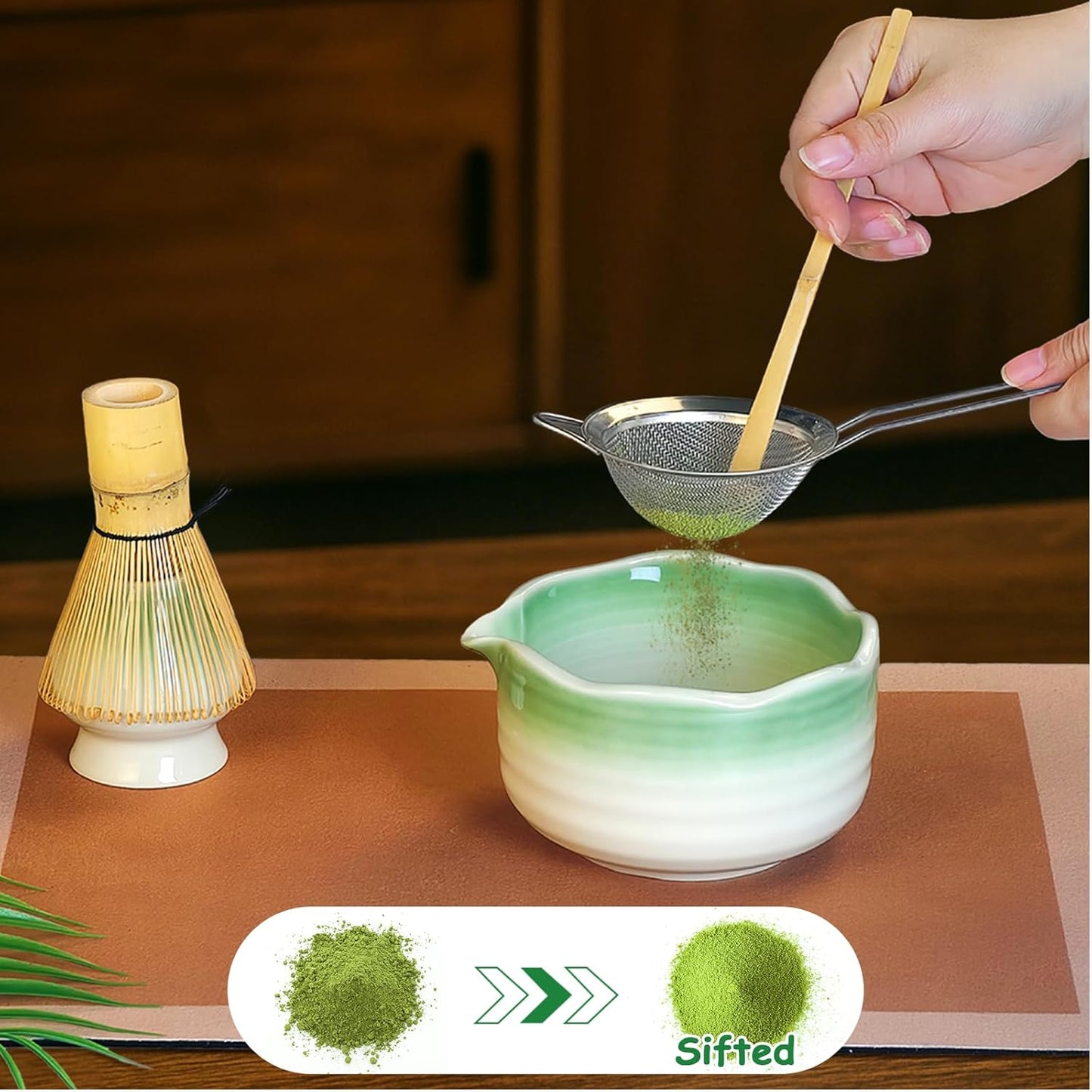 8 Pcs Matcha Whisk Set with Ceramic Bowl, Scoop Rest, Sifter, Tea Mat, Greeting Card, Whisk Holder, Bamboo Whisk and Scoop, Perfect Present for Friend Family Matcha Tea Lovers, Ceremony Kit