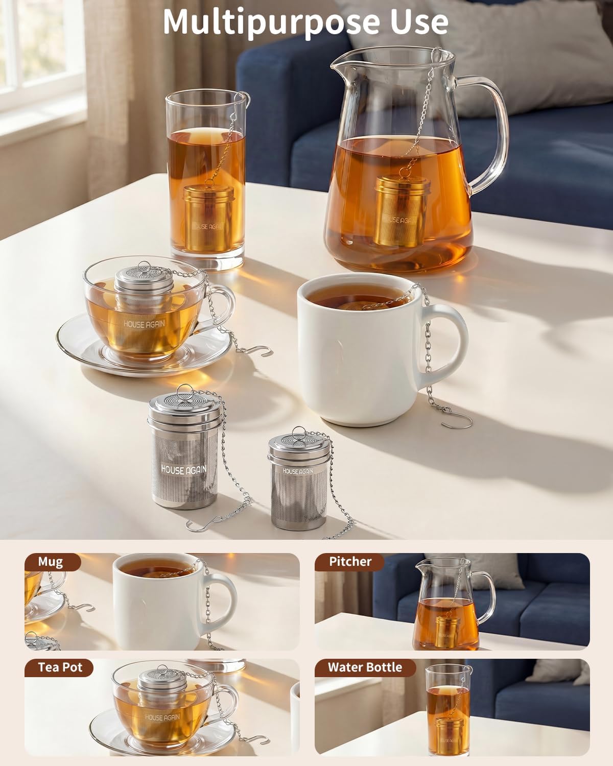 House Again Large Tea Infuser, Extra Fine Mesh Tea Strainers for Loose Tea, 18/8 Stainless Steel Tea Strainer with Extended Chain Hook, Tea Steeper for Brew Tea, Spices & Seasonings, for Multi Cups