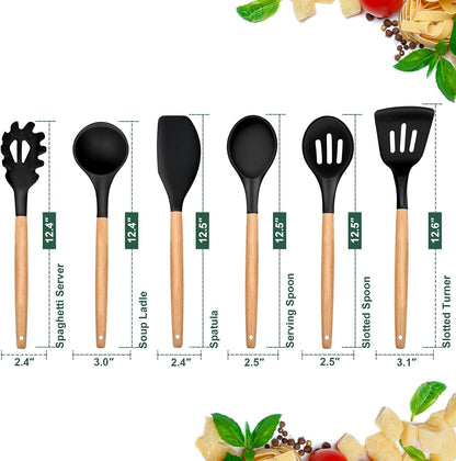 E-far Cooking Utensils Set of 6, Silicone Kitchen Utensils with Wooden Handle, Non-stick Cookware Friendly & Heat Resistant, Includes Spatula/Ladle/Slotted Turner/Serving Spoon/Spaghetti Server(Khaki)