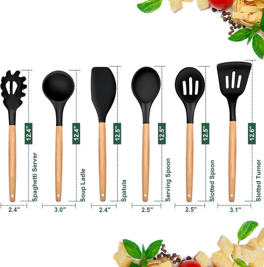E-far Cooking Utensils Set of 6, Silicone Kitchen Utensils with Wooden Handle, Non-stick Cookware Friendly & Heat Resistant, Includes Spatula/Ladle/Slotted Turner/Serving Spoon/Spaghetti Server(Khaki)