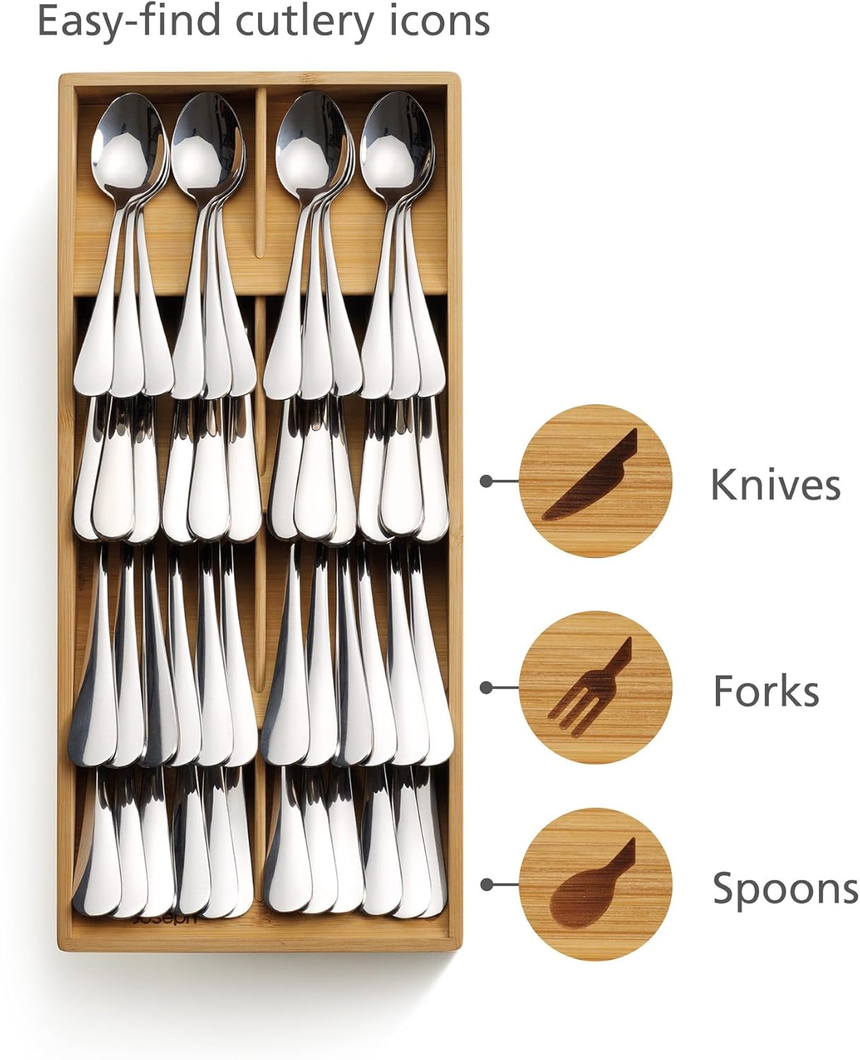 Joseph Joseph DrawerStore Compact Utensil Organizer For Kitchen Drawer Silverware, Flatware Tray, Small, Bamboo