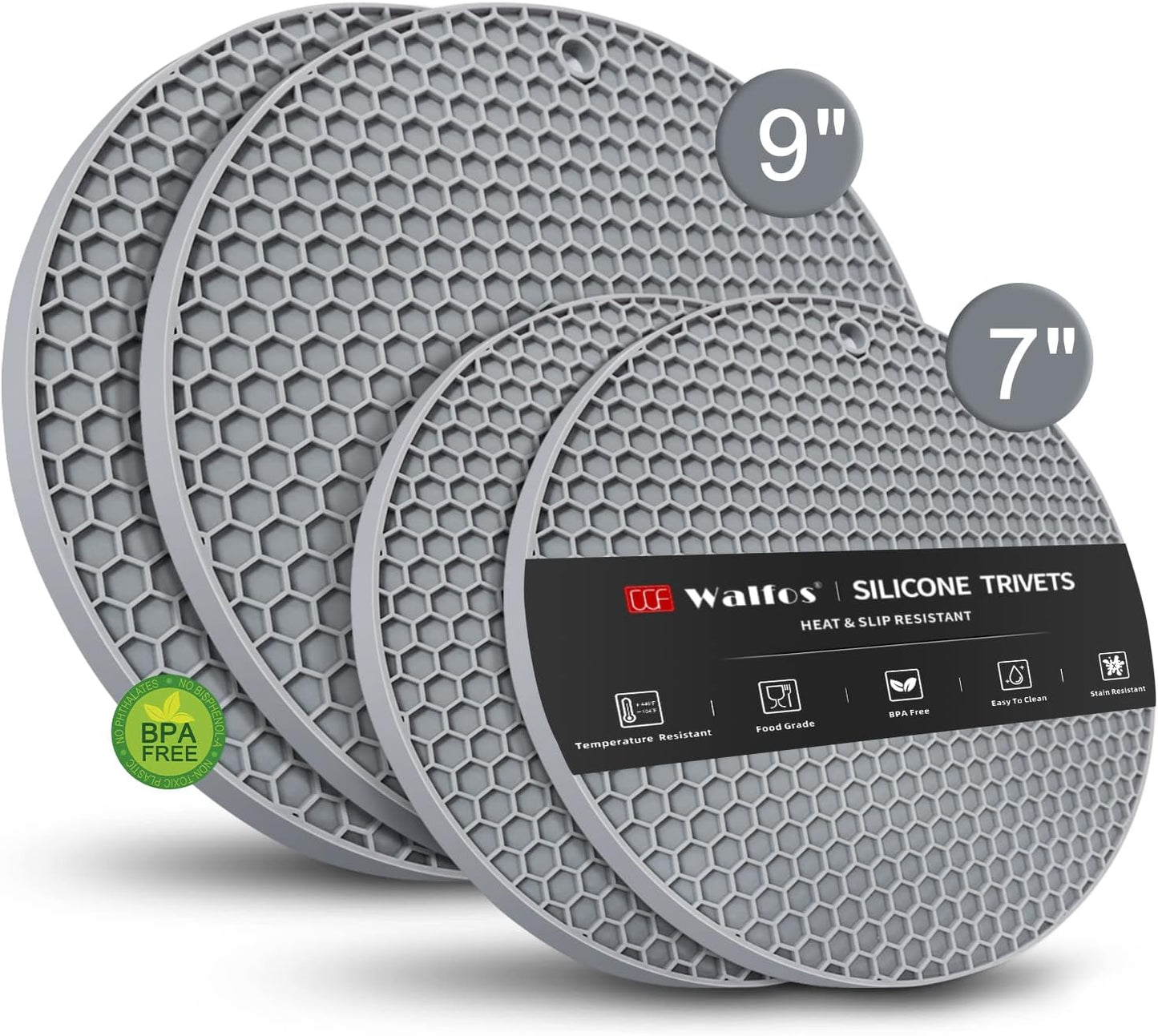 Walfos Silicone Trivet Mats - 4 Heat Resistant Pot Holders, Multipurpose Non-Slip Hot Pads for Kitchen Potholders, Hot Dishers, Jar Opener, Spoon Holder, Food Grade Silicone & BPA Free (Black)