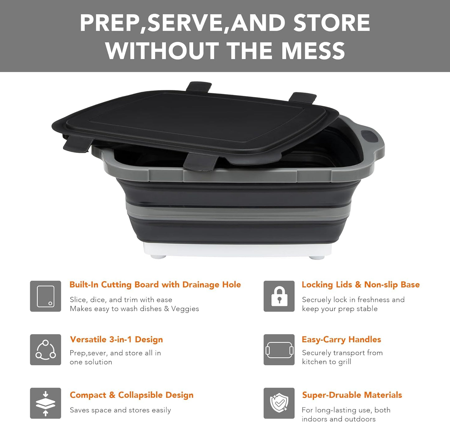 Collapsible Cutting Board(2.11 Gal/8L), BBQ Prep Tub with Locking Lid, Foldable Camping Sink with Colander, Multifunction Dish Basin for Kitchen, Bowl, Vegetable and Fruit, Storage Basket for Picnic