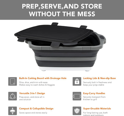 Collapsible Cutting Board(2.11 Gal/8L), BBQ Prep Tub with Locking Lid, Foldable Camping Sink with Colander, Multifunction Dish Basin for Kitchen, Bowl, Vegetable and Fruit, Storage Basket for Picnic
