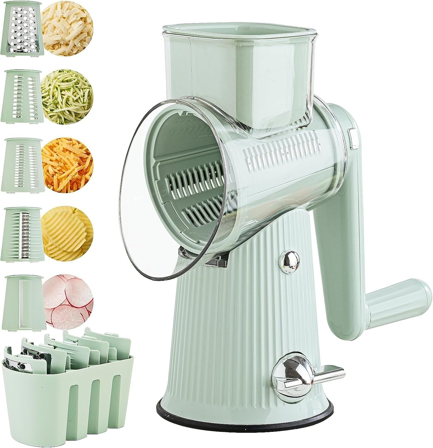 Rotary Cheese Grater with Handle: 5 in 1 Cheese Grater Hand Crank Cheese Shredder with Strong Suction Base Kitchen Vegetable Slicer with 5 Interchangeable Blades, Storage Box, White