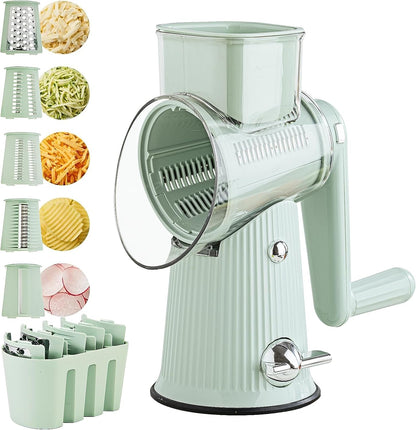 Rotary Cheese Grater with Handle: 5 in 1 Cheese Grater Hand Crank Cheese Shredder with Strong Suction Base Kitchen Vegetable Slicer with 5 Interchangeable Blades, Storage Box, White