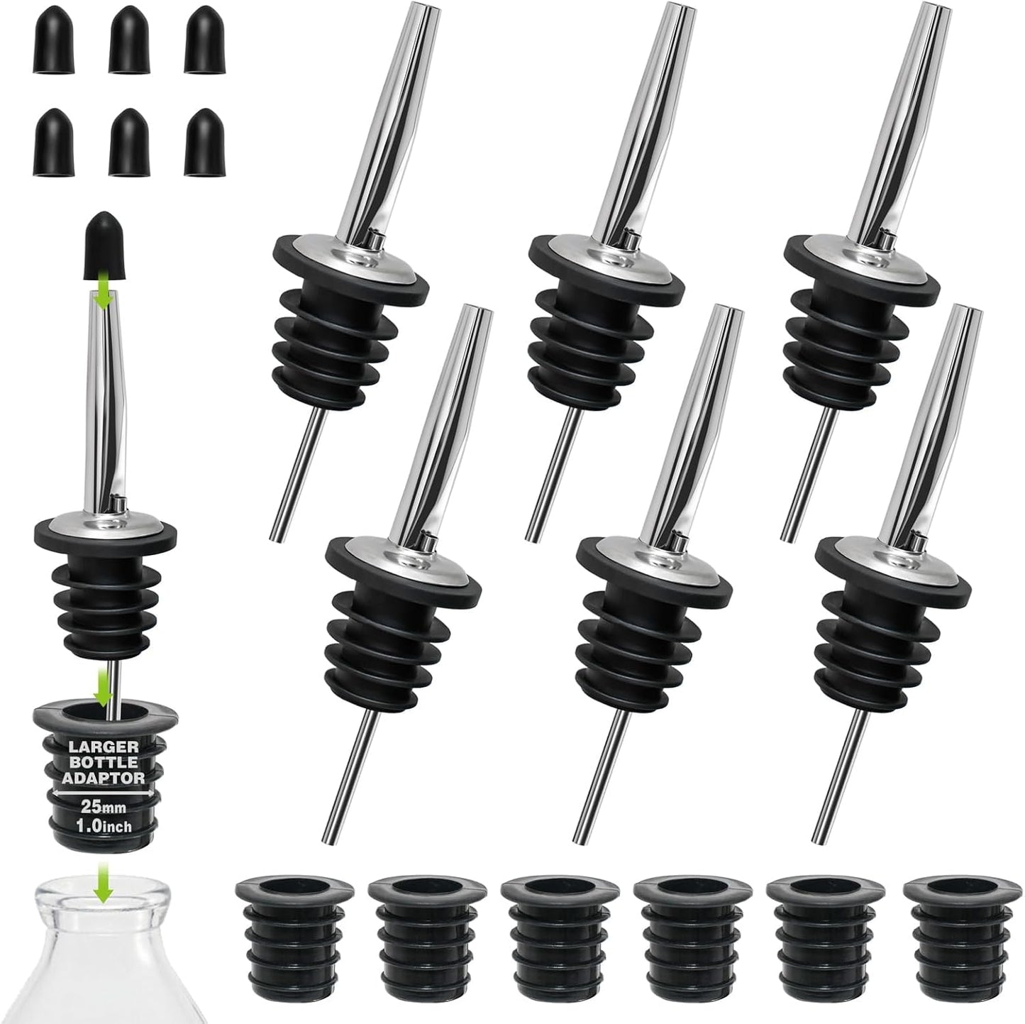 2PCS Stainless Steel Pourers, Speed Liquor Bottle Pourer, Olive Oil and Vinegar Tapered Stopper Spout, Suitable for About 3/4" Bottle Mouth, Olive Oil Spout with Sealed Dust Caps