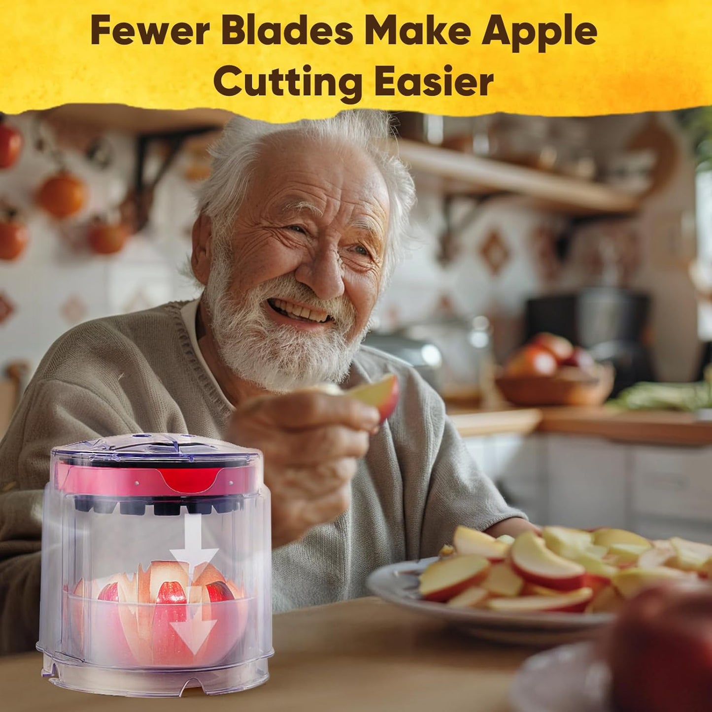 Newness 5.12-Inch Apple Slicer – Extra-Large, Ultra-Safe Stainless Steel Cutter for 8 Perfect Slices, Effortless Cutting, Cuts All the Way Through with Transparent Bowl