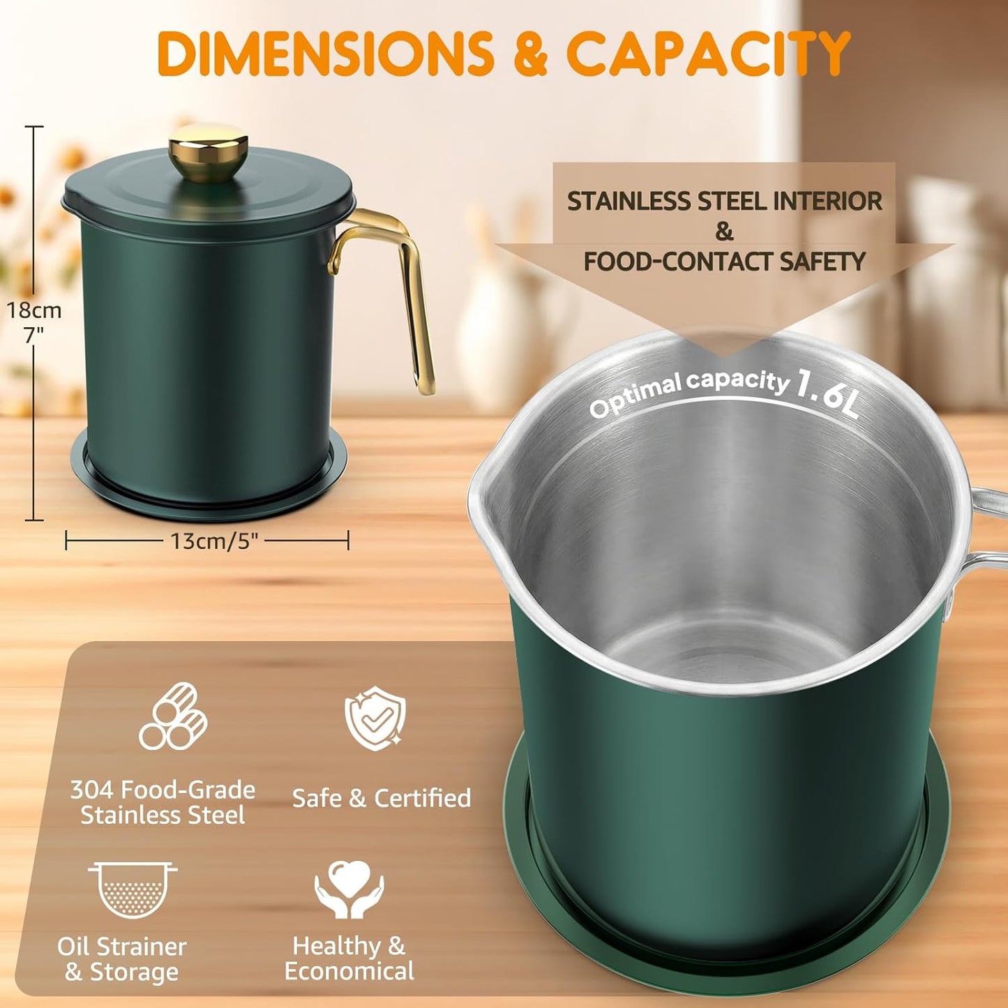 Chihee Grease Container Stainless Steel Bacon Grease Saver with Fine Mesh Strainer 2L / 67.6 fl oz Cooking Oil Keeper Stoarge Can with Dust-proof Lid Non-slip Tray for Kitchen Frying