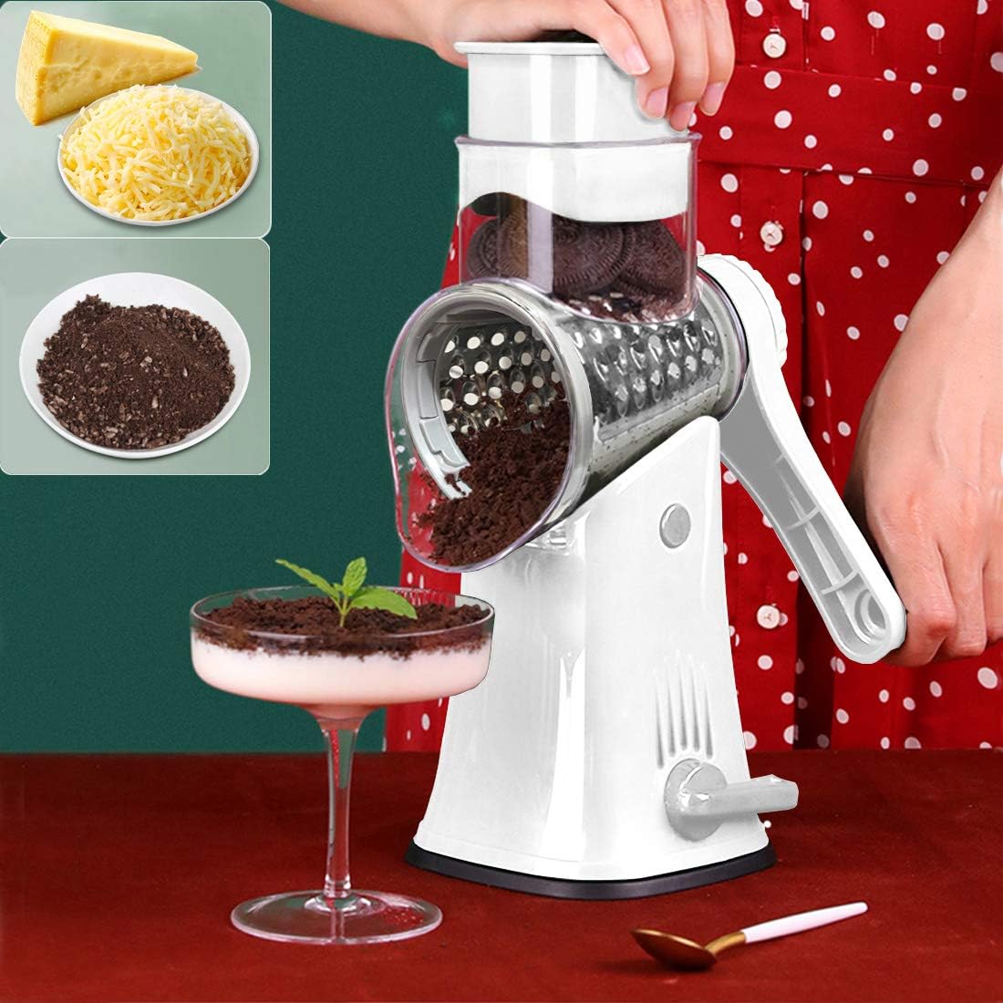 Round Mandoline Drum Slicer Rotary Cheese Grater Veggie Slicer Vegetable Carrot Shredder Nut Chopper Blue