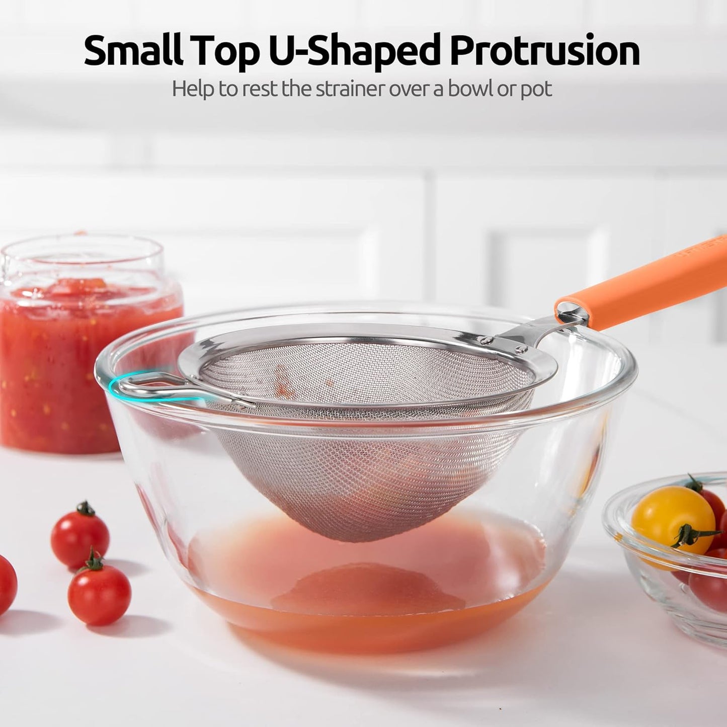 18/8 Stainless Steel Mesh Strainer: U-Taste 5.5 Inch Kitchen Fine Mesh Sieve Food Colander with Riveted Sturdy Silicone Handle and 30 Mesh Hole for Straining Flour, Pasta, Fruit, Quinoa(Aqua Sky)