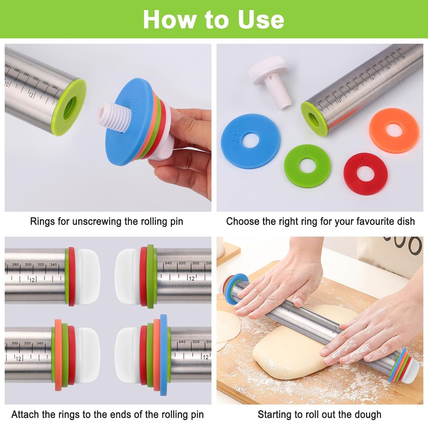Wood Rolling Pin with Thickness Rings, Adjustable Wooden Rolling Pins for Baking, Dough Roller Pins for Cookie Pastry Tools Cake Baker, Fondant Roller for Decorating Bakery Supplies Kitchen Gadgets