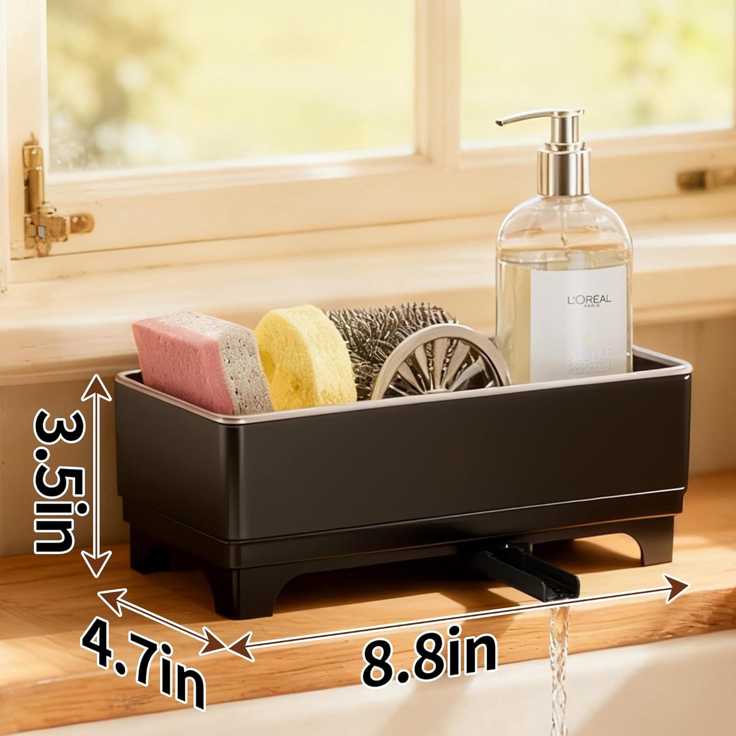 MOUKABAL Sponge Holder for Kitchen Sink – Rustproof Stainless Steel, 360° Rotating Drain Pipe, Large Counter Organizer with Drip Tray for Sponges, Brushes & Dish Cloths Black