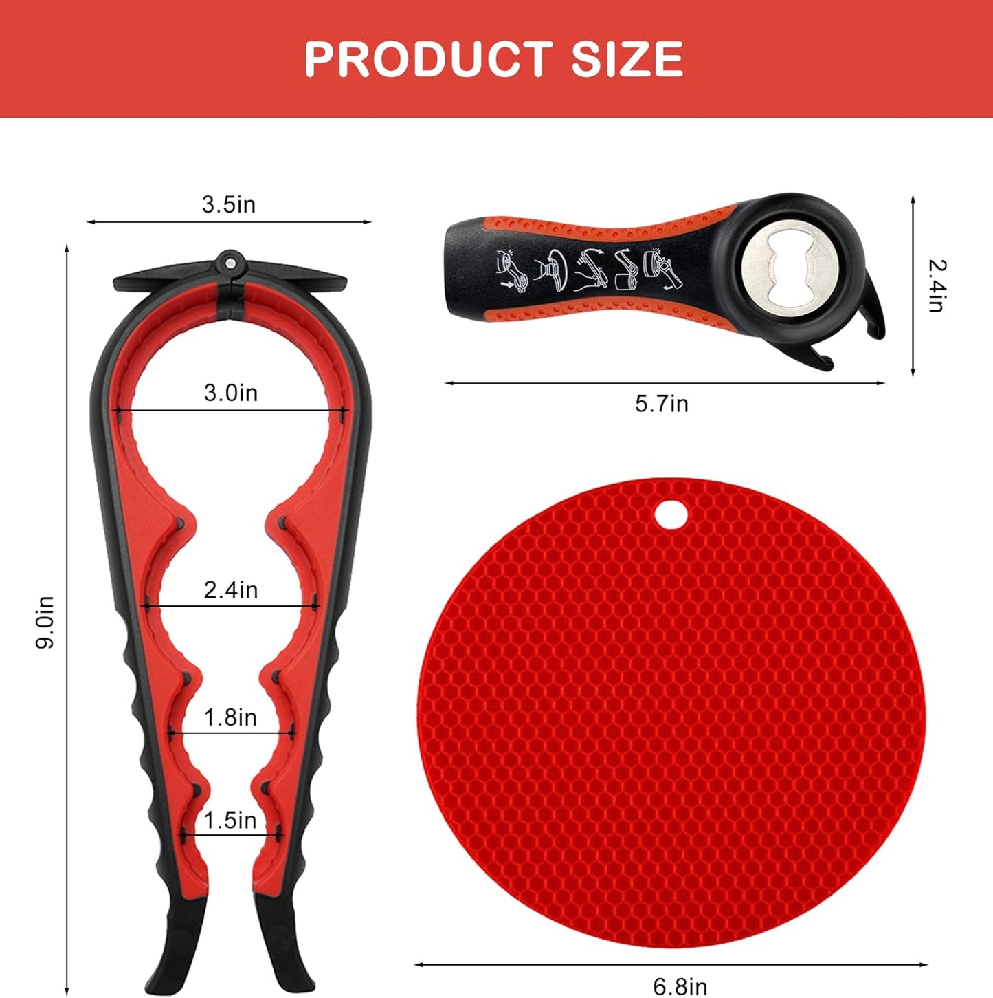 Jar Opener for Weak Hands, Seniors with Arthritis, 5 in 1 Multi Function Bottle Opener Lid Opener For Arthritic Hands with Non Slip Rubber Jar opener Gripper Pad(red)