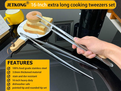 JETKONG 2 Pcs 12-Inch Kitchen Tweezers Fine Tweezer Tongs, Extra-Long Stainless Steel Cooking Tweezers (Silver)