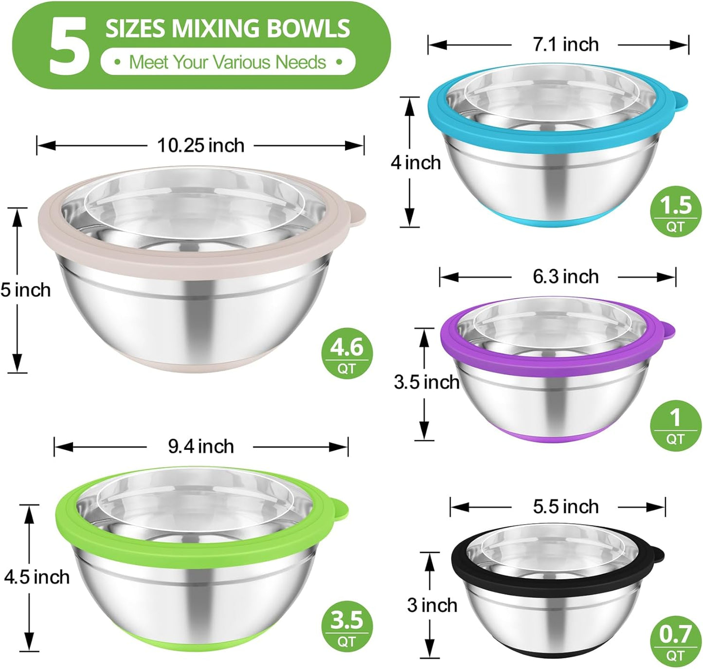 TeamFar Mixing Bowls with Lids Set, 7/3.5/2.5/1.5/1 QT, Stainless Steel Large Red Nesting Metal Salad Mixing Bowl Set of 5, Healthy & Easy Clean, Airtight Lid & Non-slip Bottom