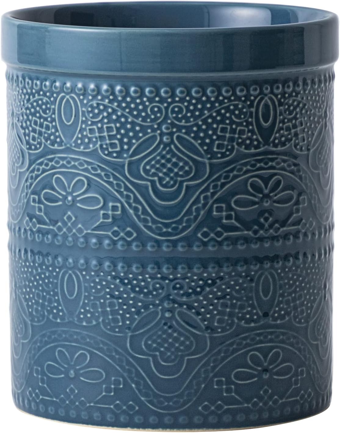 FUN ELEMENTS Kitchen Utensil Holder, 7.2" Super Large Utensil Crock Heavy and Stable Lace Emboss Ceramic Utensil Holder for Kitchen Counter (Bright White)