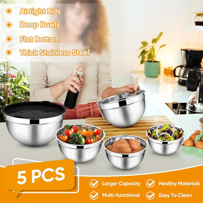 TeamFar Mixing Bowls with Lids, 5-Piece Stainless Steel Metal Nesting Salad Bowl for Mixing Prepping, Healthy & Heavy Duty, Airtight Lids & Dishwasher Safe, 4.5/3/1.5/1/0.7 QT-Khaki