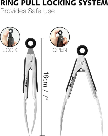 Anaeat Non-Stick Silicone Locking Tong Set of 3 - Stainless Steel 7", 9", 12" Kitchen Food Tongs with Non-Slip Silicone Tips and Grip for Cooking, Baking and BBQ - Heat Resistant up to 480°F (Black)