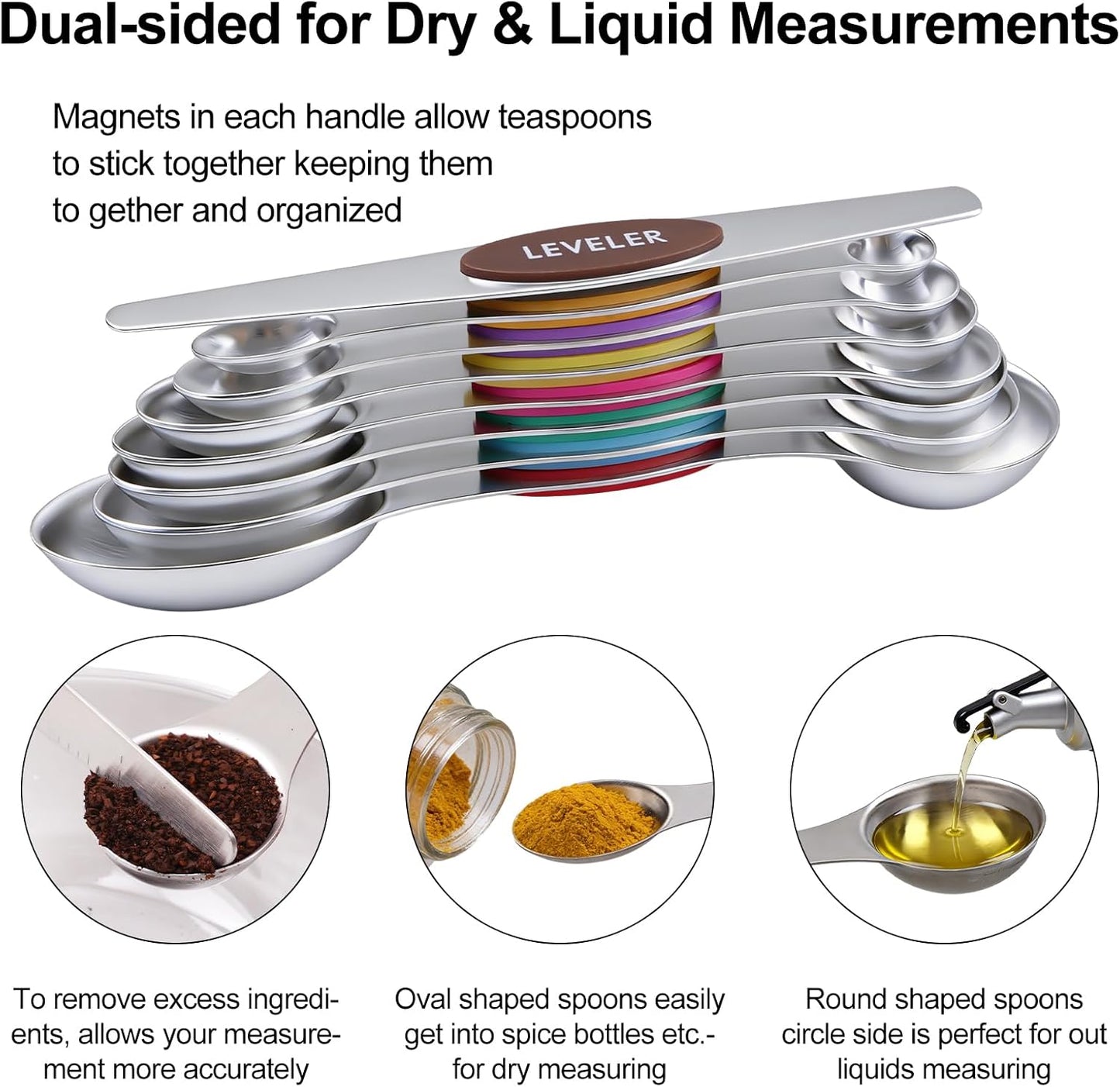 Magnetic Measuring Spoons Set of 8, Stainless Steel Double End Stackable Teaspoon for Cooking and Baking, Tablespoon with Leveler for Measuring Dry and Liquid Ingredients, Multicolor
