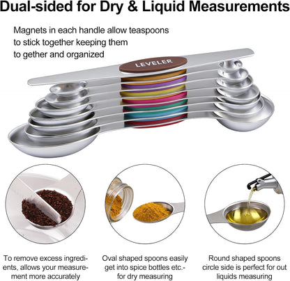 Magnetic Measuring Spoons Set of 8, Stainless Steel Double End Stackable Teaspoon for Cooking and Baking, Tablespoon with Leveler for Measuring Dry and Liquid Ingredients, Multicolor