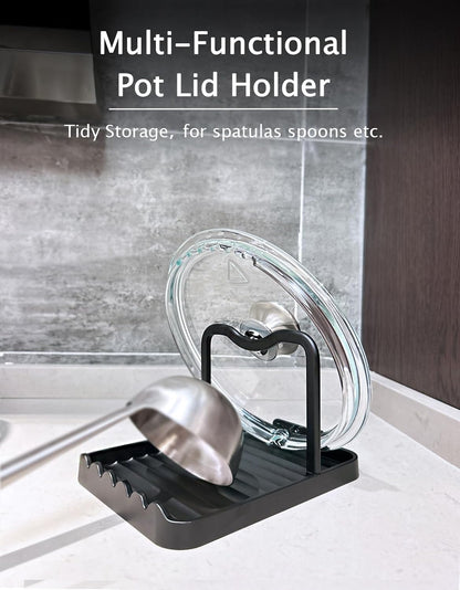Anti-Rust Metal Spoon Rest with Lid Holder, Heat-Resistant Pot Lid Rest, Multifunctional Spatula Holder While Cooking for Stovetop and Kitchen Counter – Black Gold