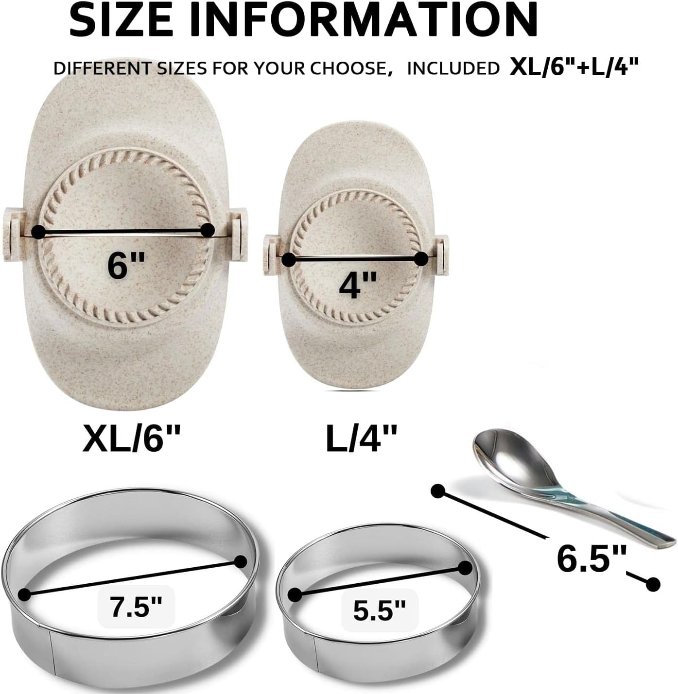 Empanada Maker Press, 6-Inch Extra Large Dumpling Maker Set with Dough Cutter, Dumpling Mold Set for Pierogi, Pastelitos, Calzone, Turnovers, Chinese Dumpling, 5Sizes (6"/5"/4"/3"/2.6")