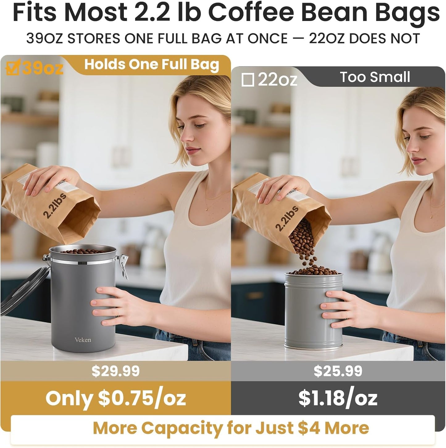 Veken Coffee Canister, Airtight Stainless Steel Kitchen Food Storage Container with Date Tracker and Scoop for Beans, Grounds, Tea, Flour, Cereal, Sugar, Cookie, 16OZ, Cream