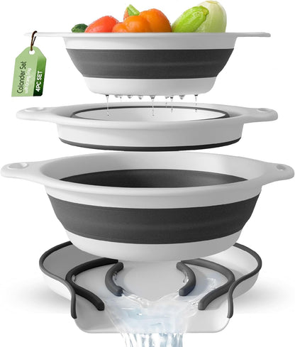 Gevoli Collapsible Colanders with Self-Draining Base for Edge of Sink, Food Strainers (Small/Med/Large), Nested Design for Easy Storage (Red, Blue, Green) (4PC Set)