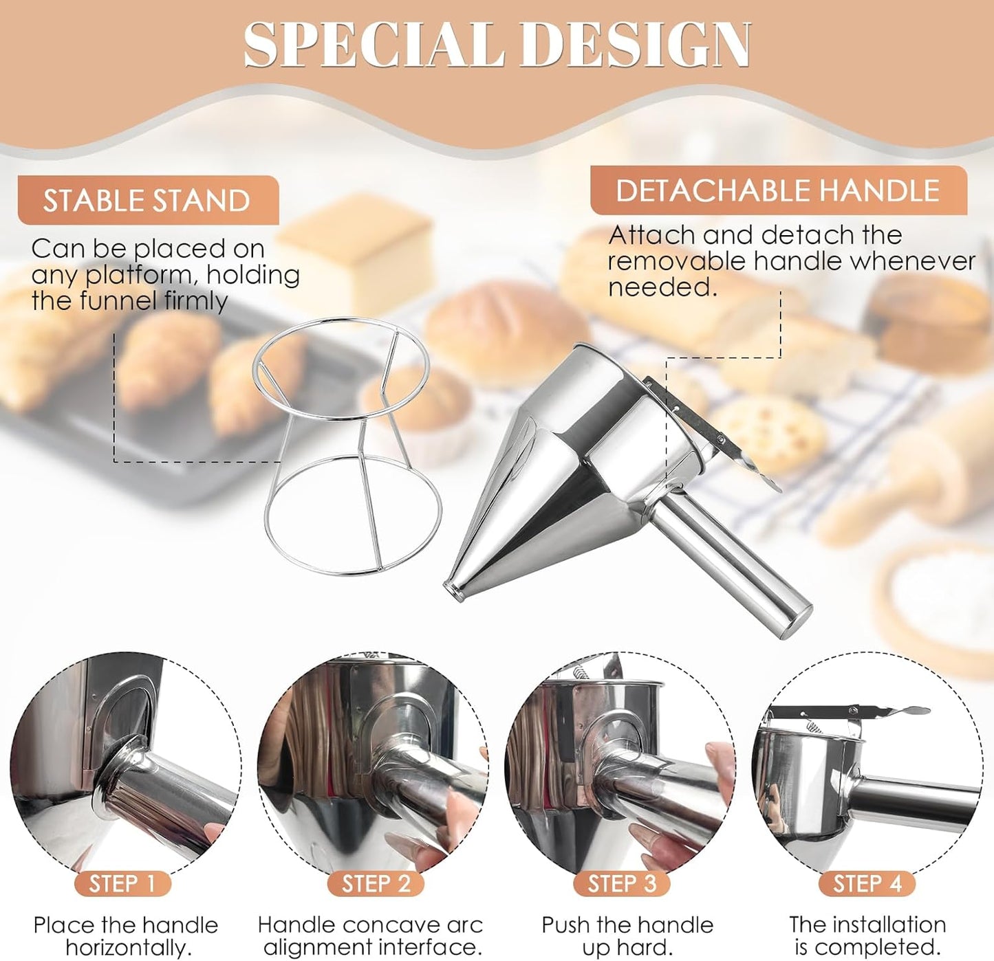 MAOPINER 1200ML 40.5OZ Stainless Steel Pancake Batter Dispenser, Piston Funnel Cake Maker Dispenser, Commercial Chocolate Confectionery Funnel with Stand for Takoyaki and Baking