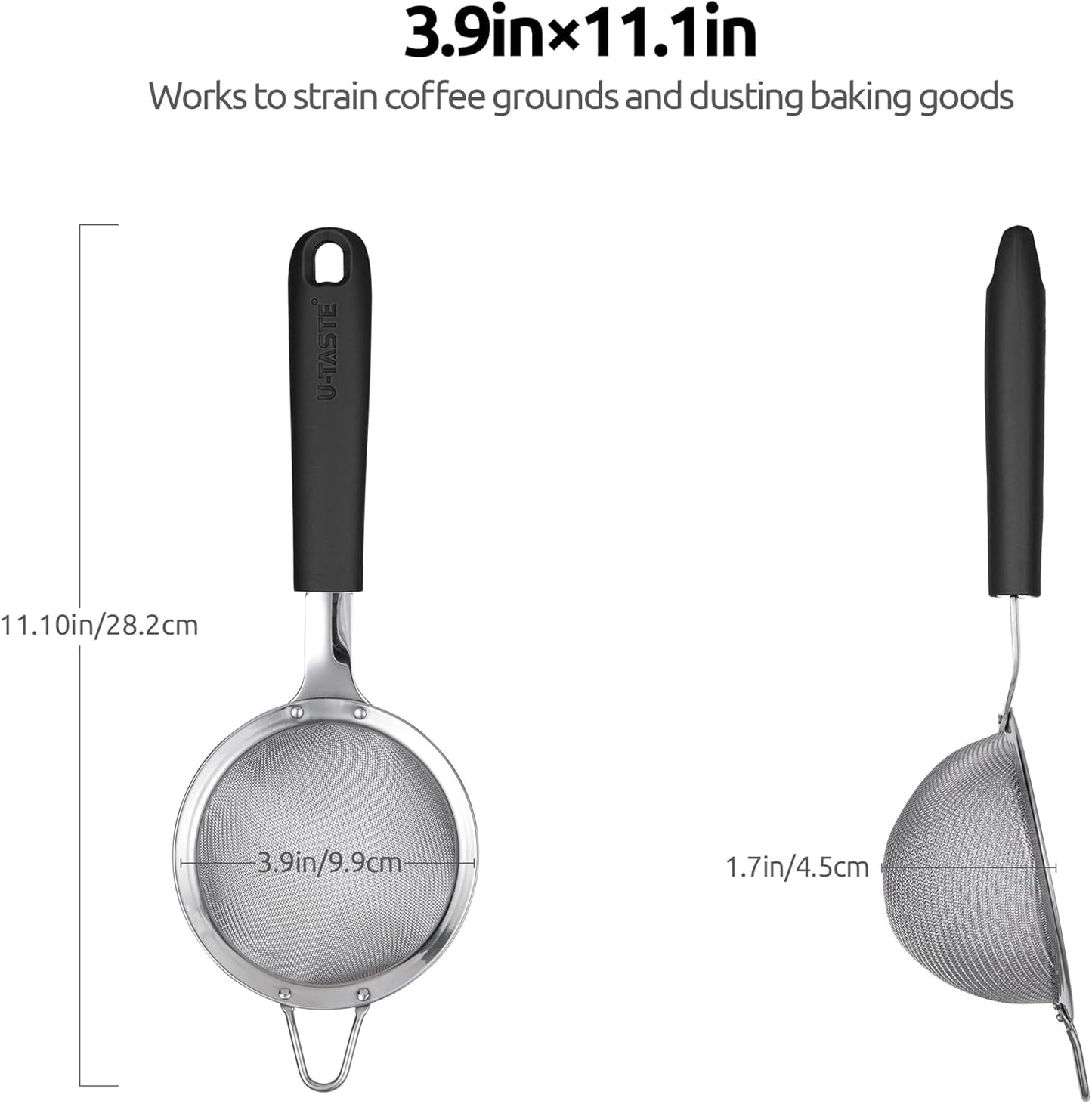 18/8 Stainless Steel Mesh Strainer: U-Taste 5.5 Inch Kitchen Fine Mesh Sieve Food Colander with Riveted Sturdy Silicone Handle and 30 Mesh Hole for Straining Flour, Pasta, Fruit, Quinoa(Aqua Sky)