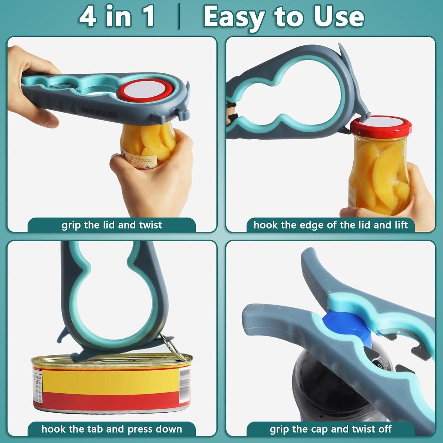 Jar Opener, 5 in 1 Multi Function Can Opener Bottle Opener Kit with Silicone Handle Easy to Use for Children, Elderly and Arthritis Sufferers (Apple Red）