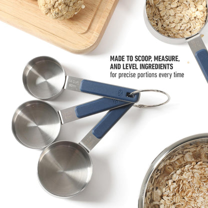 Calphalon Prime Measuring Spoons, Plastic Measuring Spoon Set, 5-Piece Stainless Steel Measuring Spoons Navy Silicone Handle Accurate, Durable for Spices and Small Portions