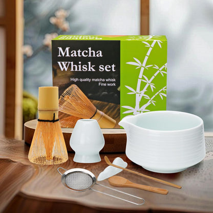Accguan Matcha Whisk Set, 7pcs - Bamboo & Ceramic, Includes 19 oz Bowl, Whisk, Spoons, Holder, Sifter & More - Perfect for Matcha Lovers