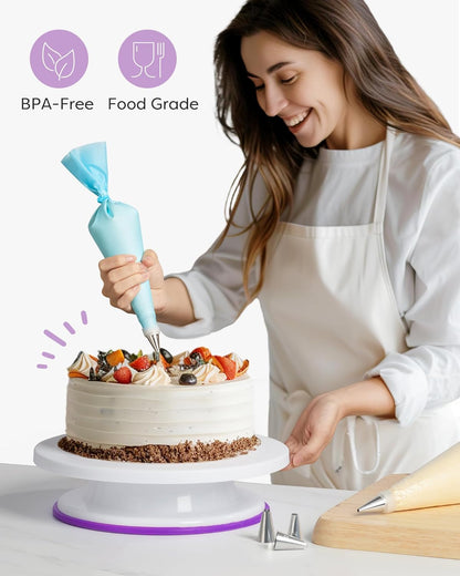 Kootek 71PCs Cake Decorating Kit, Baking Supplies Tools - Includes Cake Stand Turntable, 12 Icing Piping Tips Set, 2 Frosting Spatulas, 3 Scrapers, 50+2 Piping Bags, Coupler, Video Tutorial, Booklet
