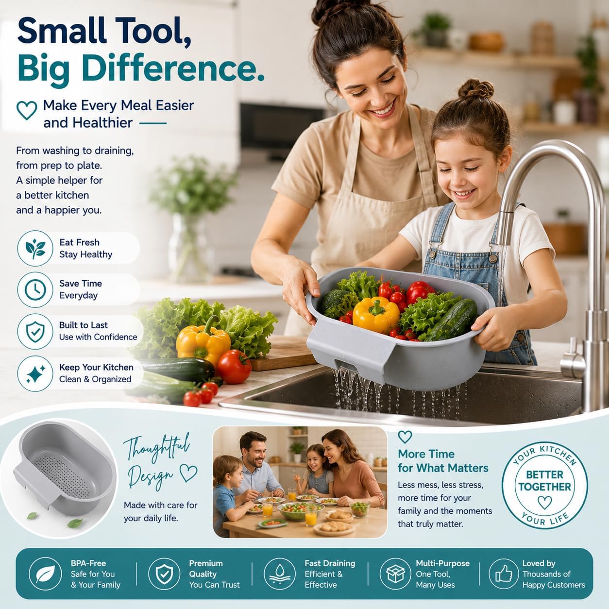 Kitchen Sink Strainer Basket with Handle – Over Sink Colander for Rinsing Fruits Vegetables Draining Pasta Defrosting Food Air Drying Dishes – BPA-Free Dishwasher Safe – Blue 9.5"×6.5"×3.9"