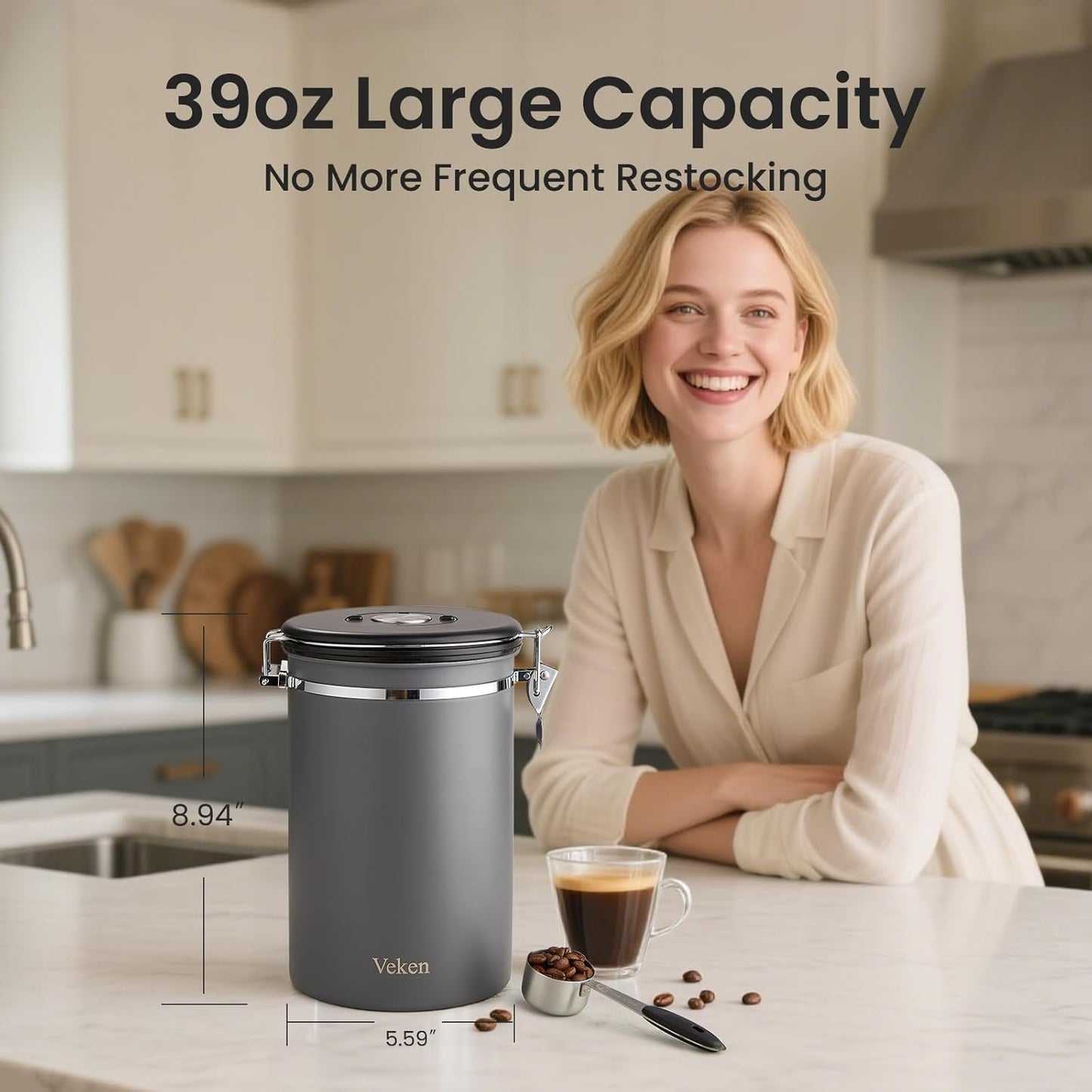 Veken Coffee Canister, Airtight Stainless Steel Kitchen Food Storage Container with Date Tracker and Scoop for Beans, Grounds, Tea, Flour, Cereal, Sugar, Cookie, 16OZ, Cream
