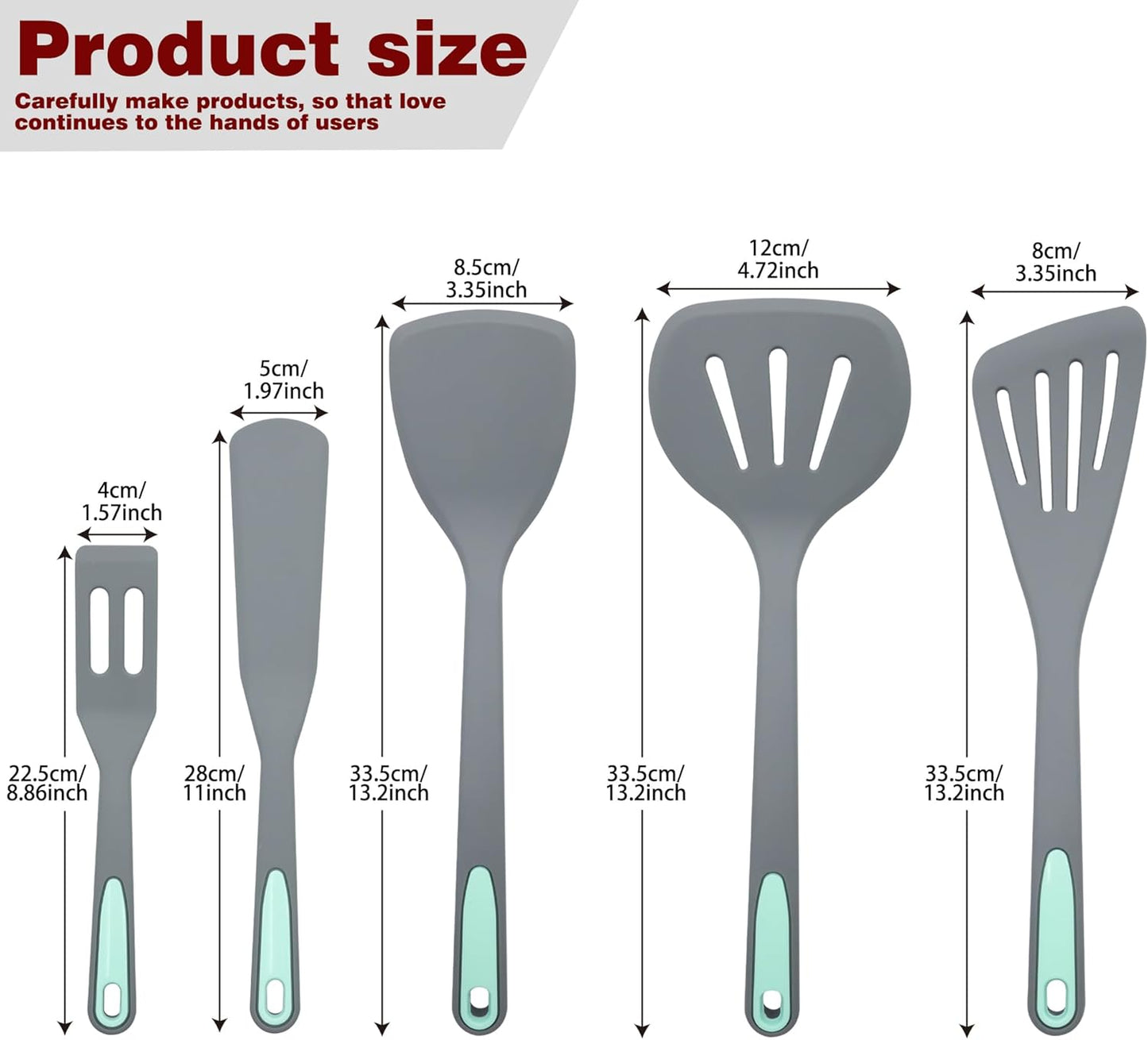 To encounter 5 Pieces Silicone Spatula Set, Non-Stick Silicone Turner Spatulas, Heat Resistance Cooking Utensils, Flip Turner for Fish, Egg, Pancake,Dishwasher Safe, Light Grey