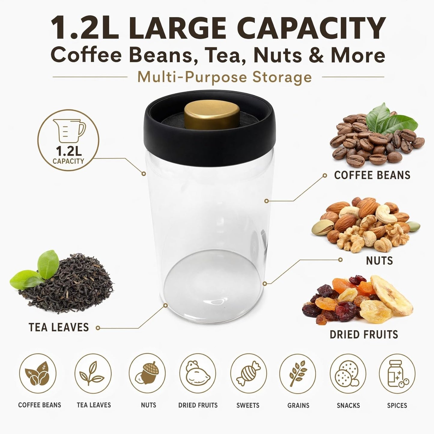 Glass Vacuum Coffee Canister, Push-Button Airtight Clear Coffee Bean Storage Container with Steel Scoop, 1.2L/16oz Food Jar for Coffee Beans, Tea & Herbs