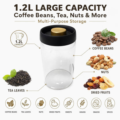 Glass Vacuum Coffee Canister, Push-Button Airtight Clear Coffee Bean Storage Container with Steel Scoop, 1.2L/16oz Food Jar for Coffee Beans, Tea & Herbs