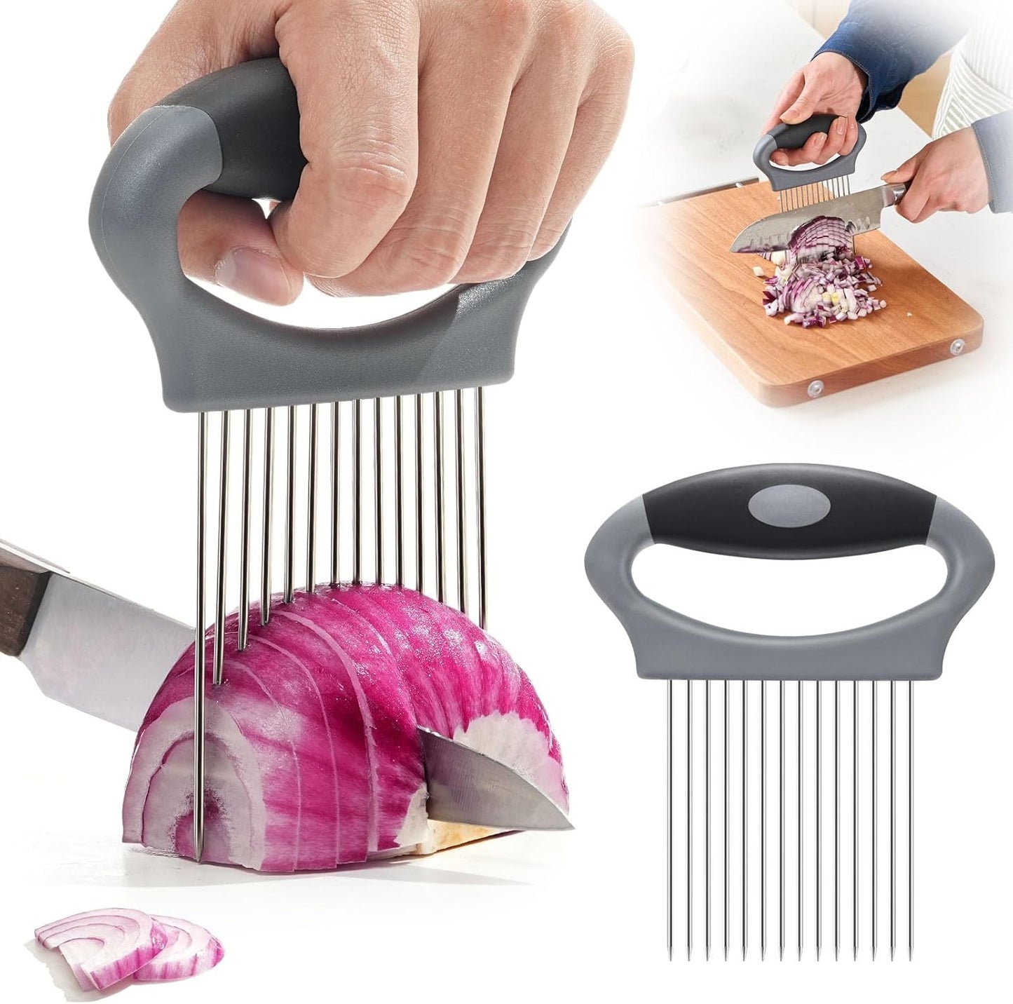 Large Onion Slicer Holder, Stainless Steel Onion Holder for Slicing, Onion Cutter Vegetable Chopper with 14 Sharp Needles for Slicing of Tomato Avocados & Meat Tenderizer, Kitchen Gadgets for Cooking