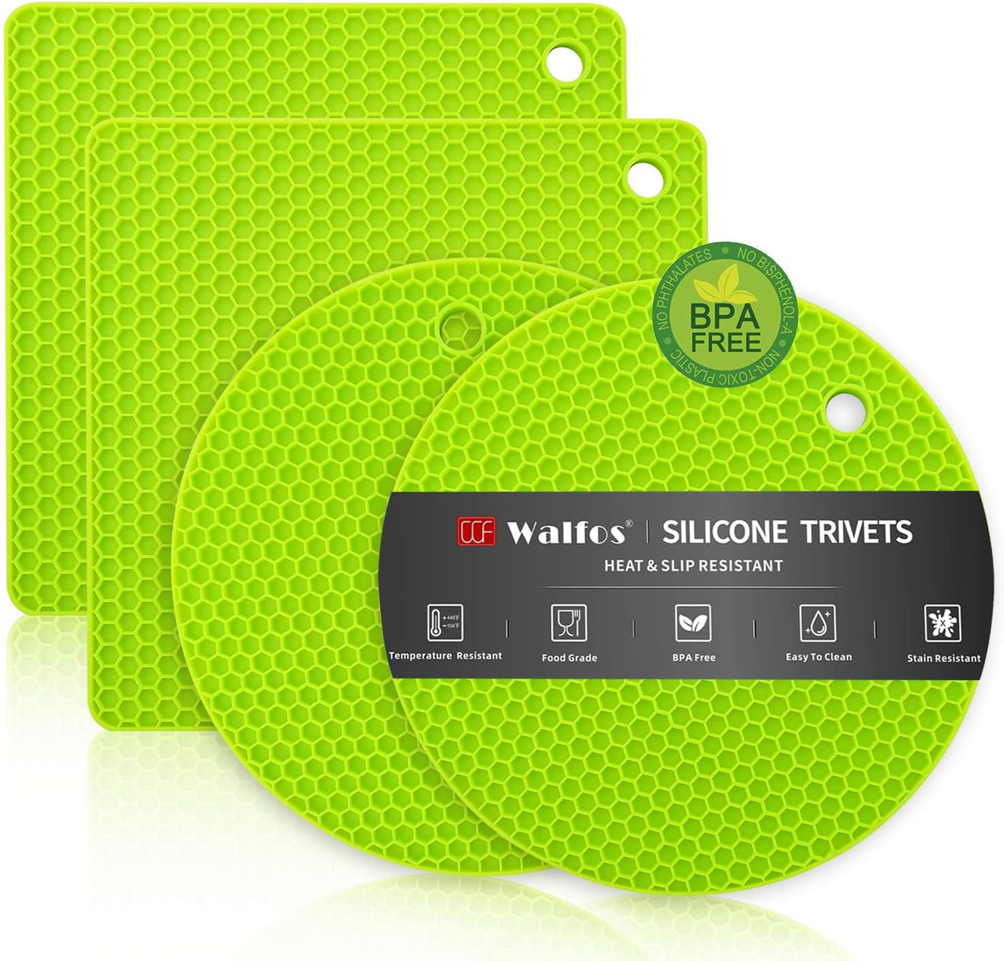 Walfos Silicone Trivet Mats - 4 Heat Resistant Pot Holders, Multipurpose Non-Slip Hot Pads for Kitchen Potholders, Hot Dishers, Jar Opener, Spoon Holder, Food Grade Silicone & BPA Free (Black)