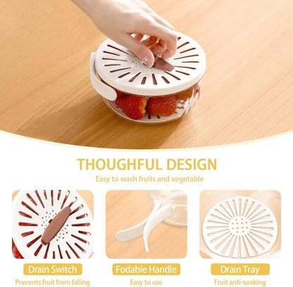 Fruit Washer Strainer Bowl with Foldable Handle, 2 in 1 Fruit Washing Bowl with Strainer with 15 Pcs Food Storage Bags, Fruit Colander Storage Container for Kitchen Fridge Picnic, Brown