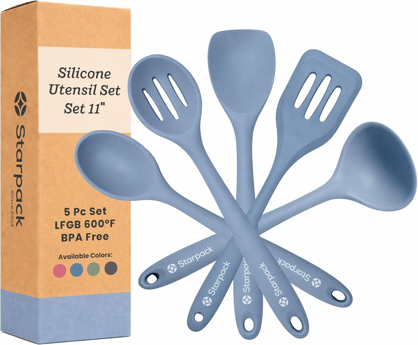 Starpack Stir and Serve Silicone Cooking Utensils Set (5-Piece, 11") - LFGB Non Toxic, 600°F Heat Resistant, BPA-Free - One-Piece Seamless, Dishwasher Safe - for Nonstick Cookware, Earthy Pink