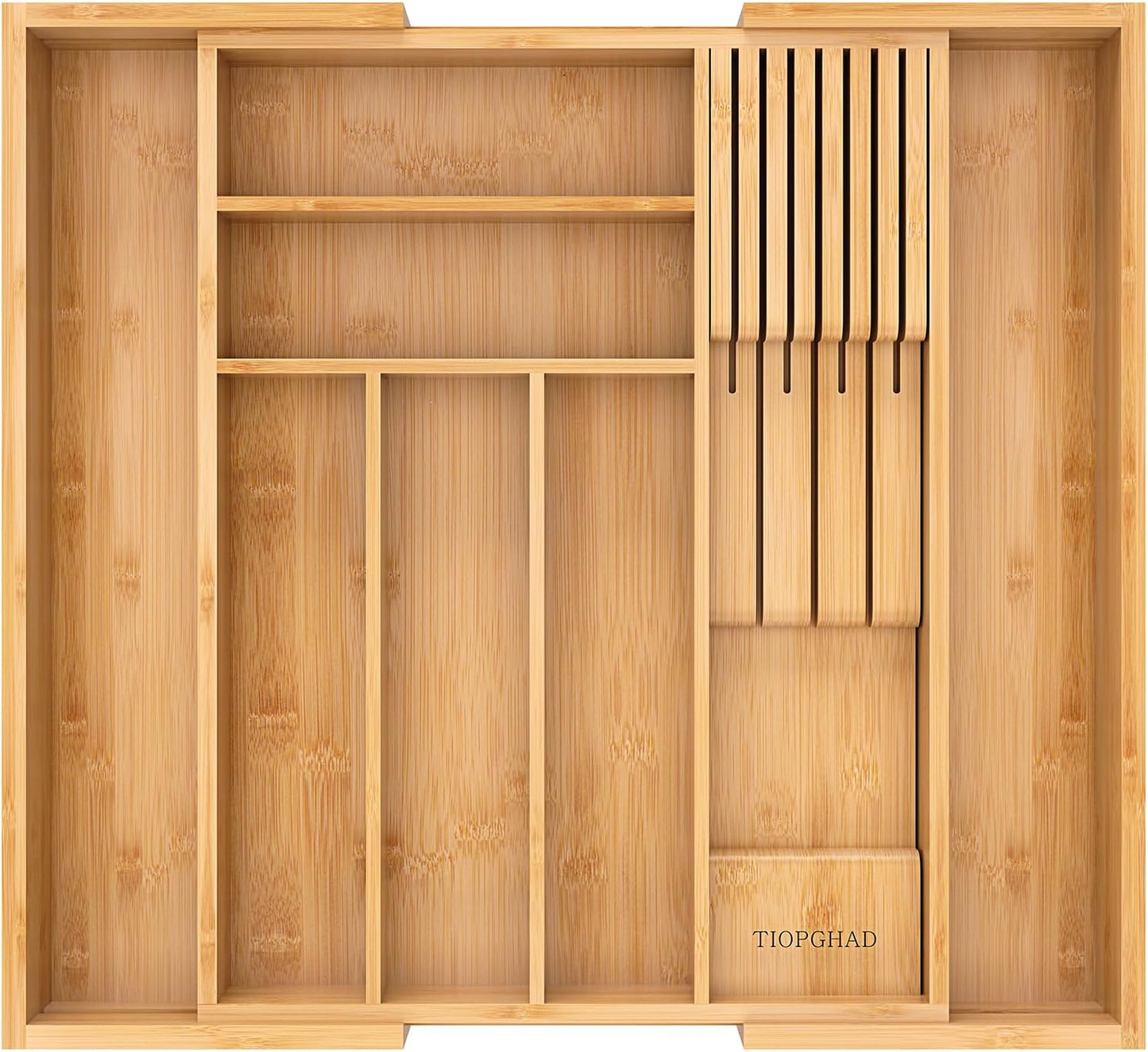 TIOPGHAD Small-Bamboo-Silverware-Drawer-Organizer, Expandable Utensil Kitchen Cutlery Tray Flatware Organization Adjustable Wood Tableware Dividers Storage (with Removable Knife Block)(Natural)