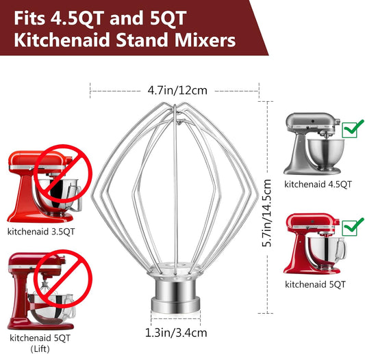 Stand Mixers Accessories 3-Piece Including K45WW Wire Whip & K45DH Dough Hook & K45B Flat Beater fit for Kitchenaid 4.5-5QT Tilt-Head Stand Mixers