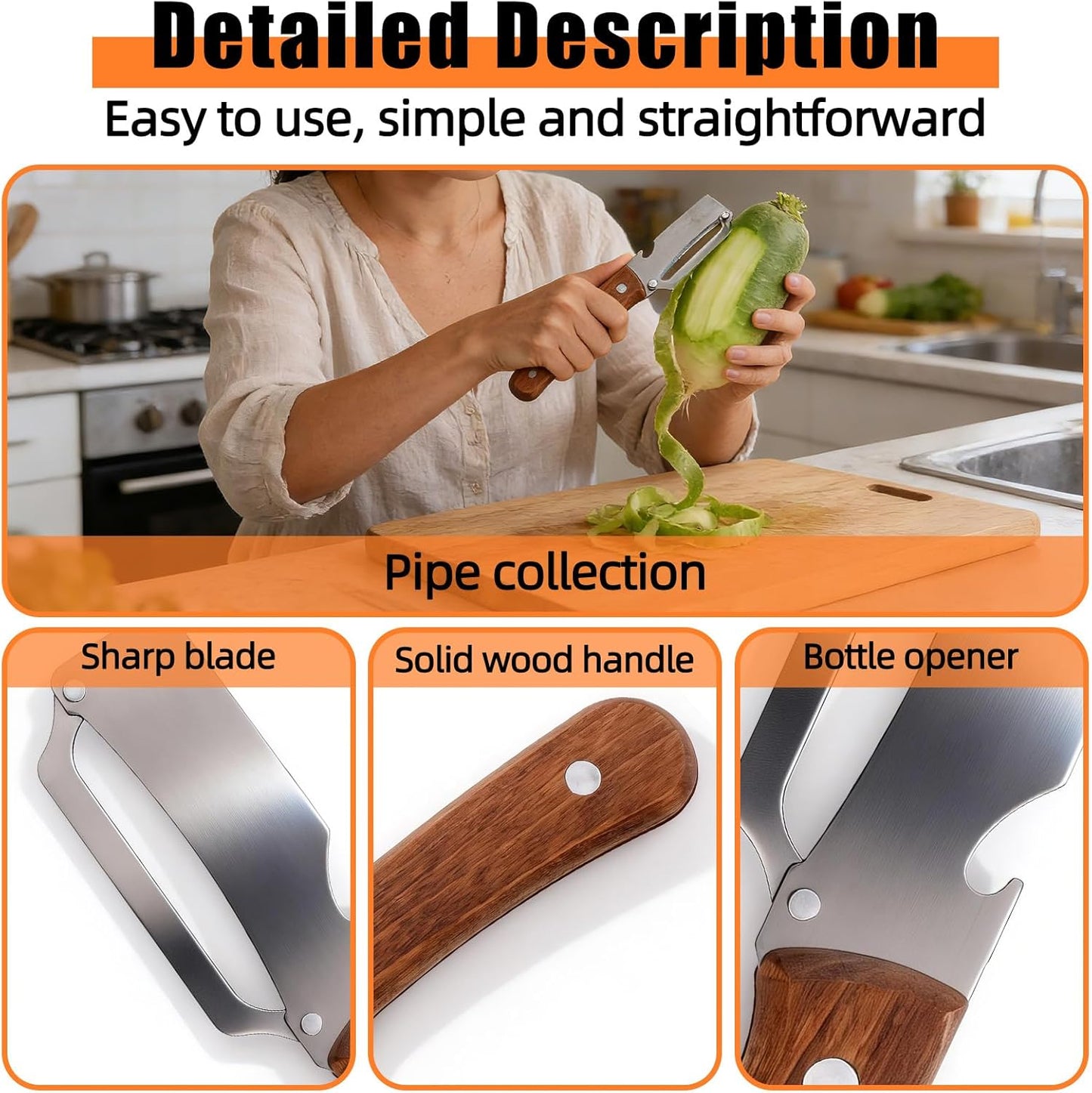 Multi-Functional Vegetable Peeler with Hook, Stainless Steel Sharp Blades Peeler with Wooden Handle & Bottle Opener Practical Kitchen Tool for Veggie Fruit Apple Potato Sugar Cane