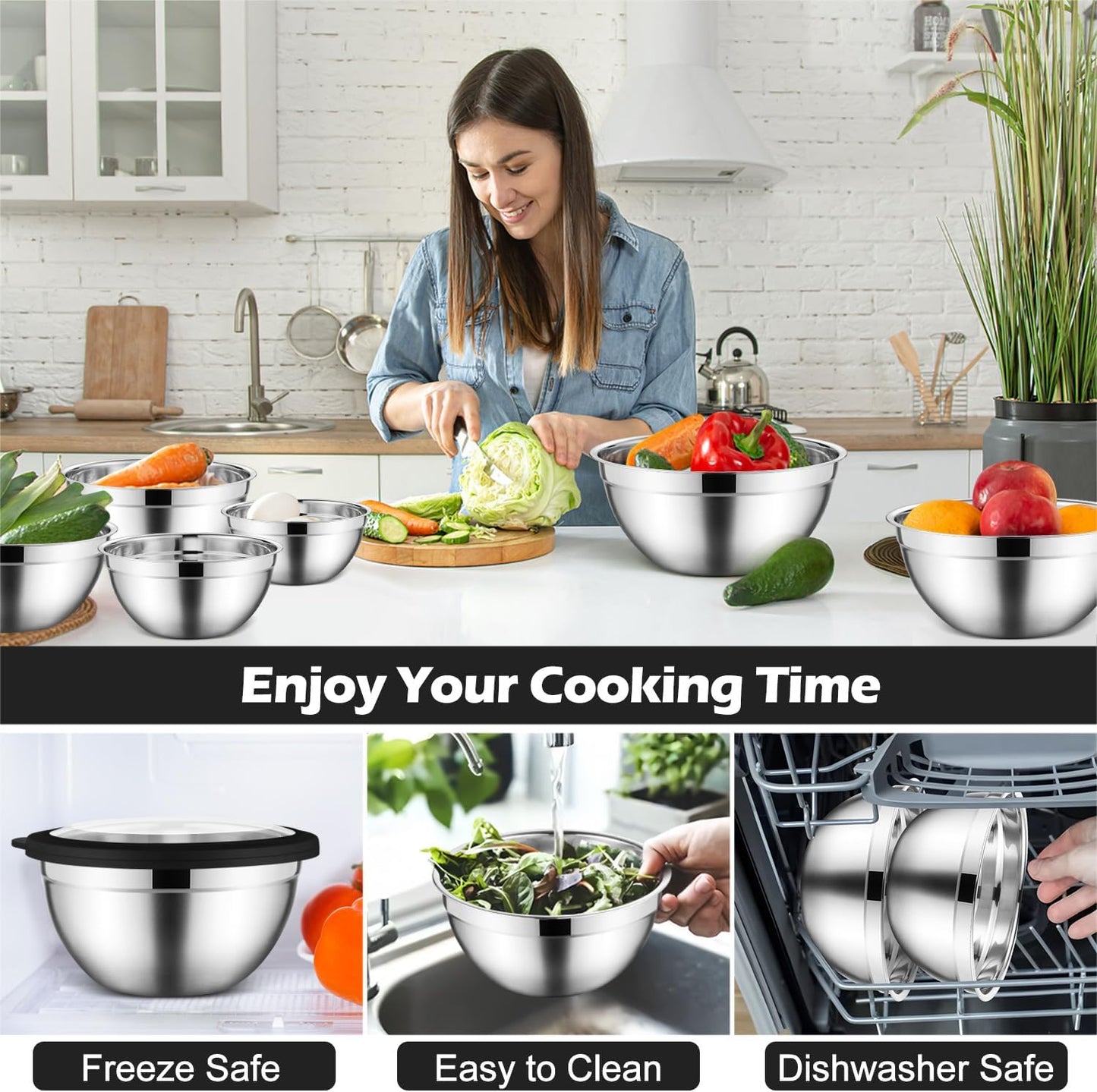 E-far Stainless Steel Mixing Bowls with Airtight Clear Lids Set of 7, Metal Nesting Bowls for Kitchen Prep, Baking, Cooking, Serving, Salad, Dishwasher Safe, Size 4.6, 3.5, 3, 2, 1.5, 1, 0.7QT, Khaki