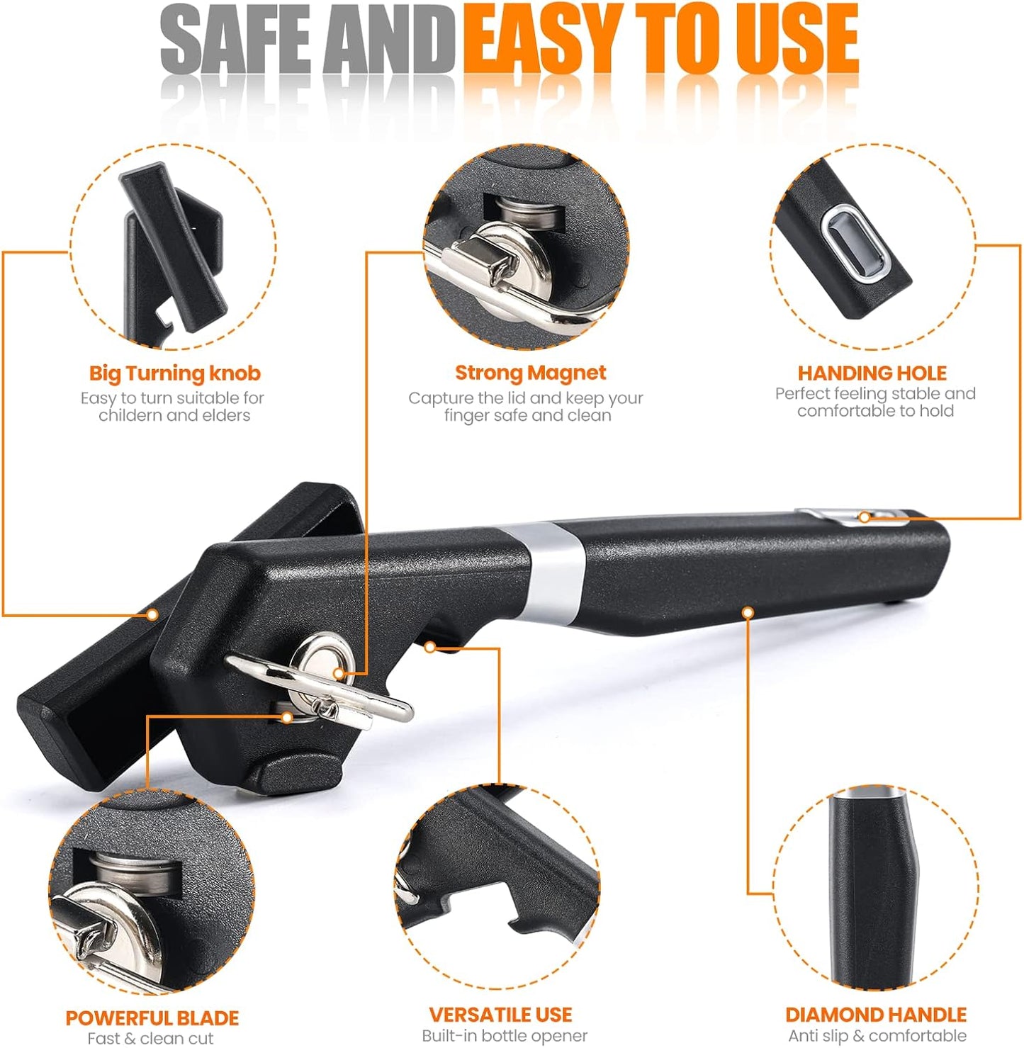 Side Cut Can Opener Smooth Edge, Safety Can Opener with Durable Sharp Blade, Big & Soft Turn Knob & Comfortable Non-Slip Handle, Black